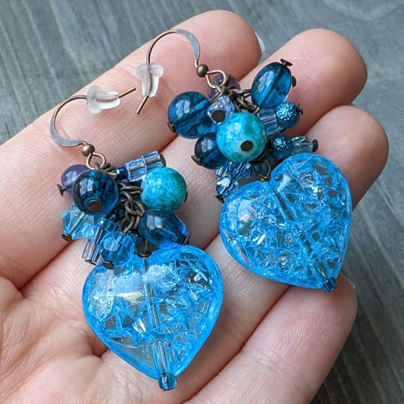 Mixed Blue Glass Bead & Blue Crackle Heart Cluster Earrings - Picture 4 of 16